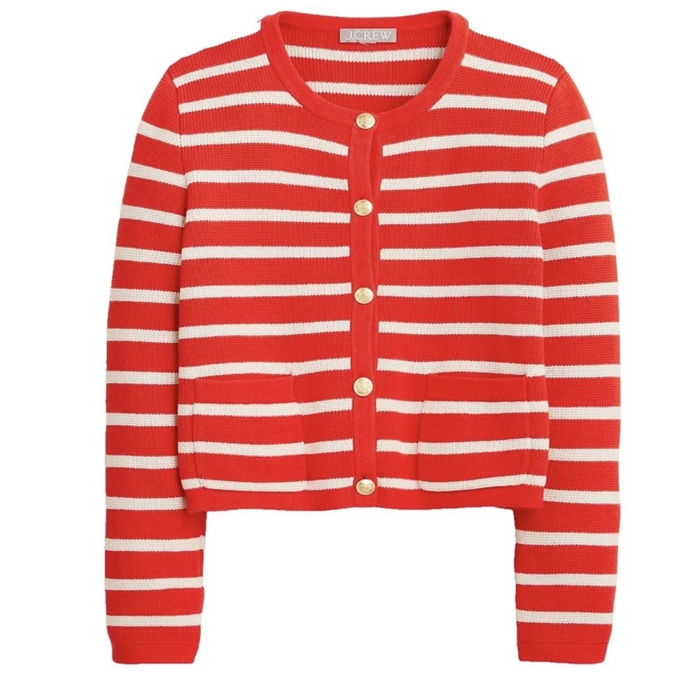 J.Crew Emilie Sweater Lady Jacket in Red Ivory Stripe Knit Cardigan XL